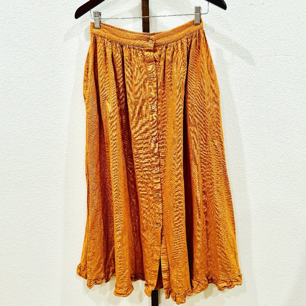 Rylee & Cru Linen/Cotton Tan/Gold Midi Peasant Skirt Ruffle Hem w/Pockets SZ M